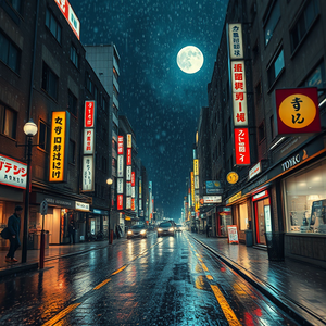 impressionist painting, a rain-soaked Tokyo street at night, under a full moon, with snow falling, warm tones, low angle dramatic perspective, neon glow, 8K UHD, mysterious and ethereal