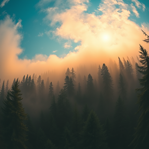 oil painting, a dense foggy forest, during a storm, with clear blue sky, golden warm palette, fish-eye lens, neon glow, photorealistic, dramatic and powerful