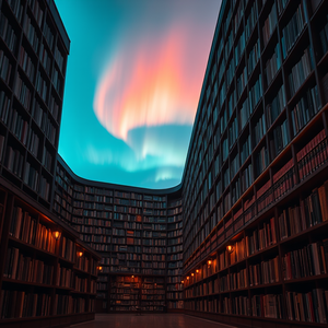 realistic photo, a grand library with tall bookshelves, at blue hour, with aurora in sky, teal and orange, macro extreme close-up, soft diffused lighting, 8K UHD, cozy and warm