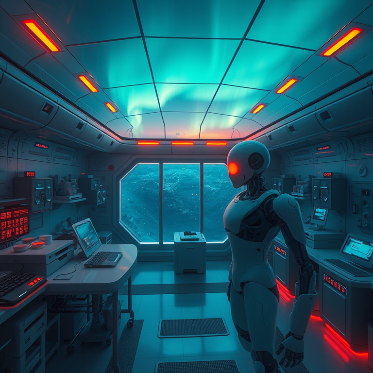 concept art, a robot in a futuristic lab, during twilight, with aurora in sky, teal and orange, bird eye view, soft diffused lighting, ultra high resolution, cozy and warm