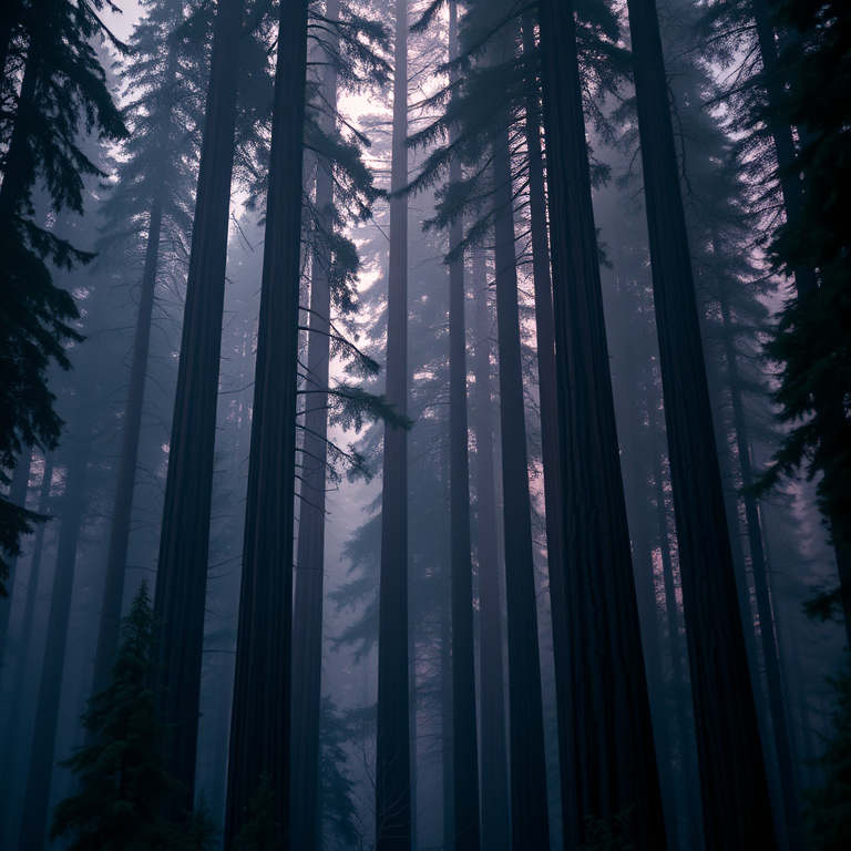 hyper-realistic render, a towering redwood forest, during twilight, with fog rolling in, deep rich jewel tones, tilt-shift miniature effect, studio quality lighting, highly detailed, mysterious and ethereal