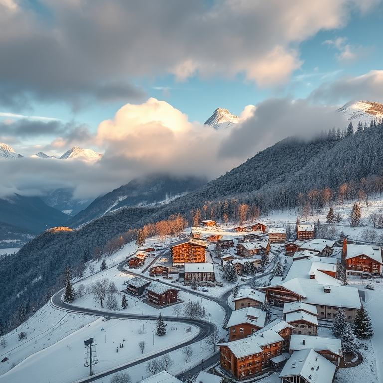 impressionist painting, a snowy alpine village, at midday, with dramatic cloud formations, vibrant saturated colors, aerial drone perspective, studio quality lighting, highly detailed, awe-inspiring and grand