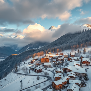 impressionist painting, a snowy alpine village, at midday, with dramatic cloud formations, vibrant saturated colors, aerial drone perspective, studio quality lighting, highly detailed, awe-inspiring and grand