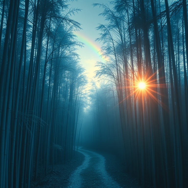 impressionist painting, a bamboo forest path, at dawn, with rainbow in background, cool blue tones, wide angle view, backlit with sun flare, masterpiece quality, mysterious and ethereal