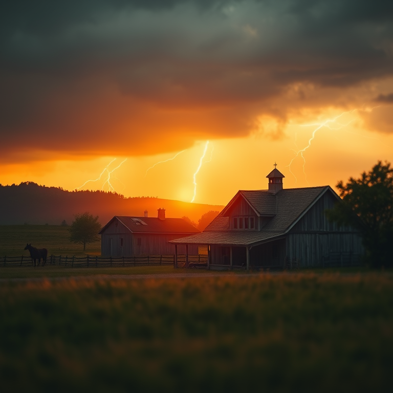 minimalist design, a rustic farmhouse at golden hour, at sunrise, with lightning in distance, golden warm palette, tilt-shift miniature effect, moody atmospheric lighting, masterpiece quality, mysterious and ethereal