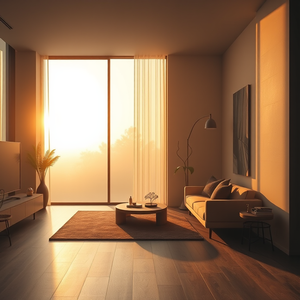 realistic photo, a modern minimalist interior design, during golden hour, with misty atmosphere, warm tones, wide angle view, dramatic side lighting, masterpiece quality, dramatic and powerful