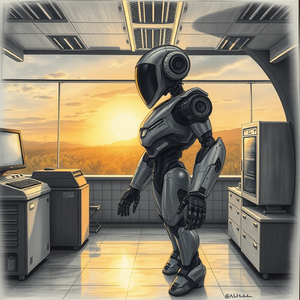charcoal drawing, a robot in a futuristic lab, during golden hour, with rainbow in background, monochrome black and white, panoramic view, backlit with sun flare, award-winning composition, cozy and warm