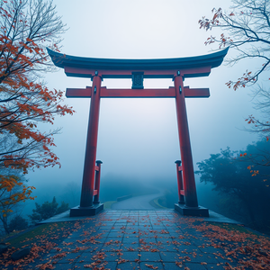 watercolor painting, a Japanese torii gate in autumn, at dawn, with fog rolling in, cool blue tones, low angle dramatic perspective, neon glow, RAW photo, awe-inspiring and grand
