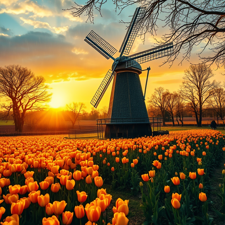 oil painting, an old windmill in tulip fields, at sunrise, with rain reflections, golden warm palette, aerial drone perspective, dappled light through trees, sharp focus, romantic and dreamy