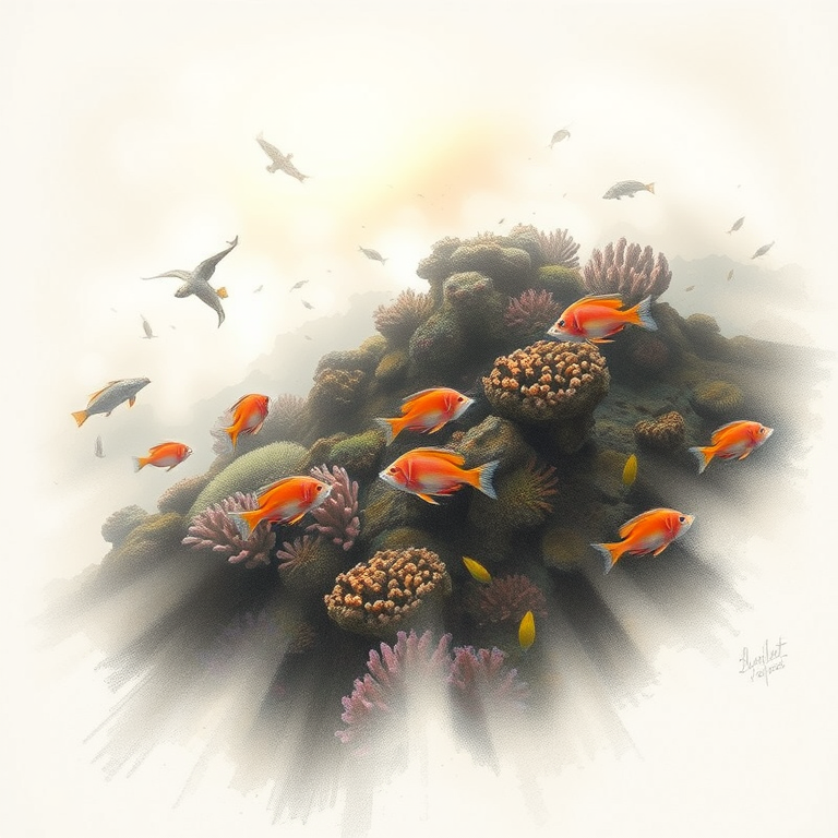 pencil sketch, a colorful coral reef with tropical fish, at dawn, with misty atmosphere, muted earth tones, bird eye view, backlit with sun flare, award-winning composition, mysterious and ethereal