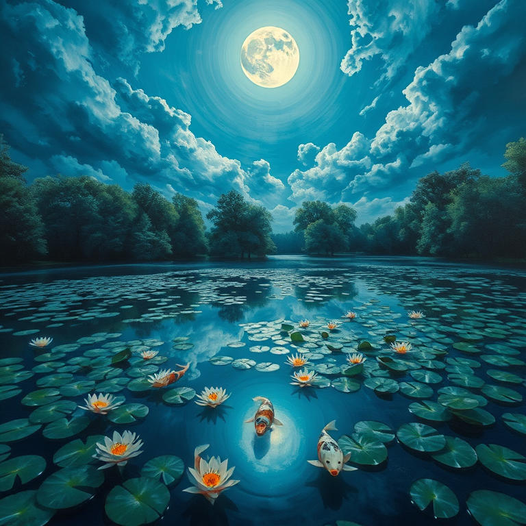 oil painting, a koi pond with lily pads, under a full moon, with dramatic cloud formations, cool blue tones, aerial drone perspective, dappled light through trees, highly detailed, awe-inspiring and grand