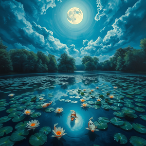 oil painting, a koi pond with lily pads, under a full moon, with dramatic cloud formations, cool blue tones, aerial drone perspective, dappled light through trees, highly detailed, awe-inspiring and grand