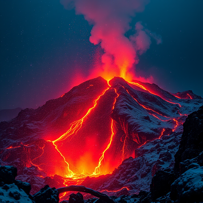 concept art, a volcanic eruption with lava, at midday, with snow falling, deep rich jewel tones, wide angle view, neon glow, professional photography, dramatic and powerful