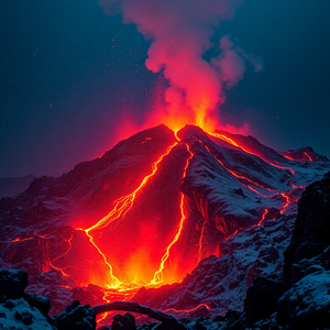 concept art, a volcanic eruption with lava, at midday, with snow falling, deep rich jewel tones, wide angle view, neon glow, professional photography, dramatic and powerful