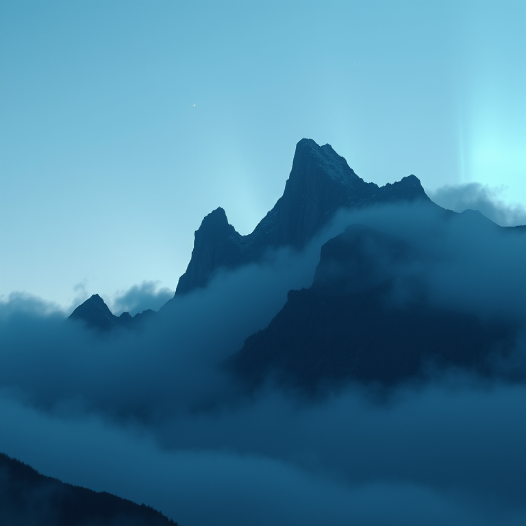 hyper-realistic render, a majestic mountain landscape, in early morning mist, with aurora in sky, cool blue tones, low angle dramatic perspective, soft diffused lighting, 8K UHD, peaceful and serene