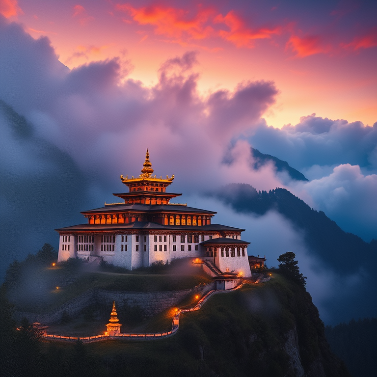 oil painting, a Tibetan monastery in mountains, at dawn, with fog rolling in, deep rich jewel tones, close-up detail shot, rim lighting, highly detailed, cozy and warm