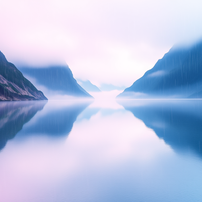 pencil sketch, a Norwegian fjord with mirror water, in early morning mist, with rain reflections, pastel soft colors, panoramic view, neon glow, ultra high resolution, energetic and vibrant