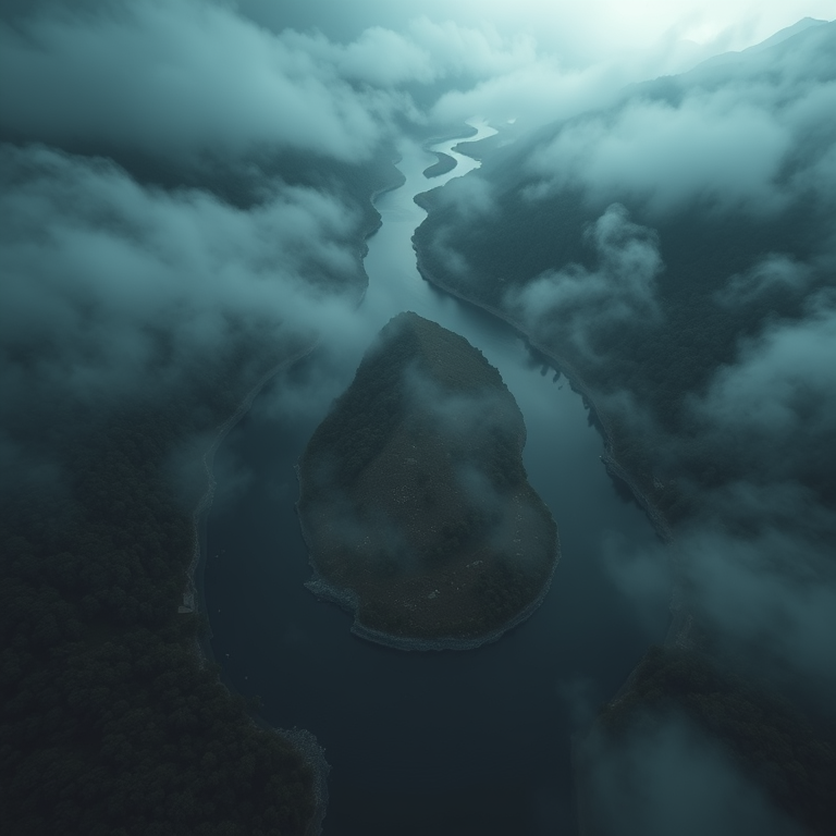 3D render, a drone view of a winding river, during a storm, with misty atmosphere, high contrast, wide angle view, soft diffused lighting, highly detailed, dramatic and powerful