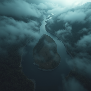 3D render, a drone view of a winding river, during a storm, with misty atmosphere, high contrast, wide angle view, soft diffused lighting, highly detailed, dramatic and powerful
