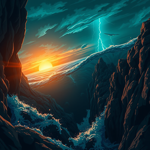 anime style, a deep ocean trench scene, at sunset, with lightning in distance, teal and orange, close-up detail shot, backlit with sun flare, masterpiece quality, dark and moody