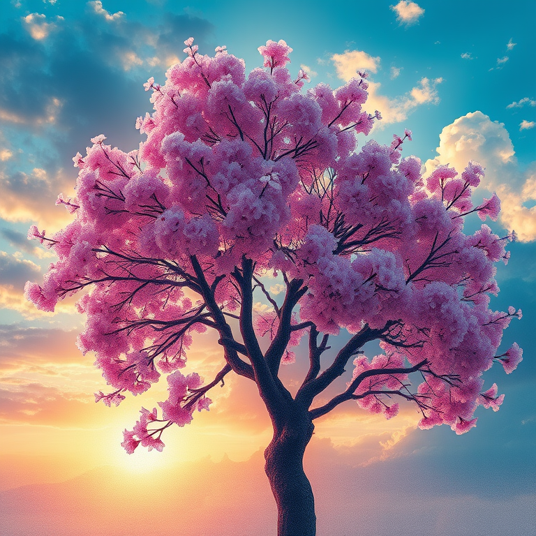 pencil sketch, a cherry blossom tree in full bloom, at sunrise, with dramatic cloud formations, vibrant saturated colors, telephoto compression, dramatic side lighting, 8K UHD, mysterious and ethereal