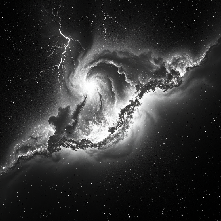 anime style, a deep space nebula with stars, at dawn, with lightning in distance, monochrome black and white, close-up detail shot, studio quality lighting, sharp focus, dramatic and powerful
