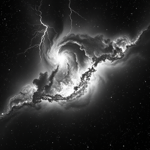anime style, a deep space nebula with stars, at dawn, with lightning in distance, monochrome black and white, close-up detail shot, studio quality lighting, sharp focus, dramatic and powerful