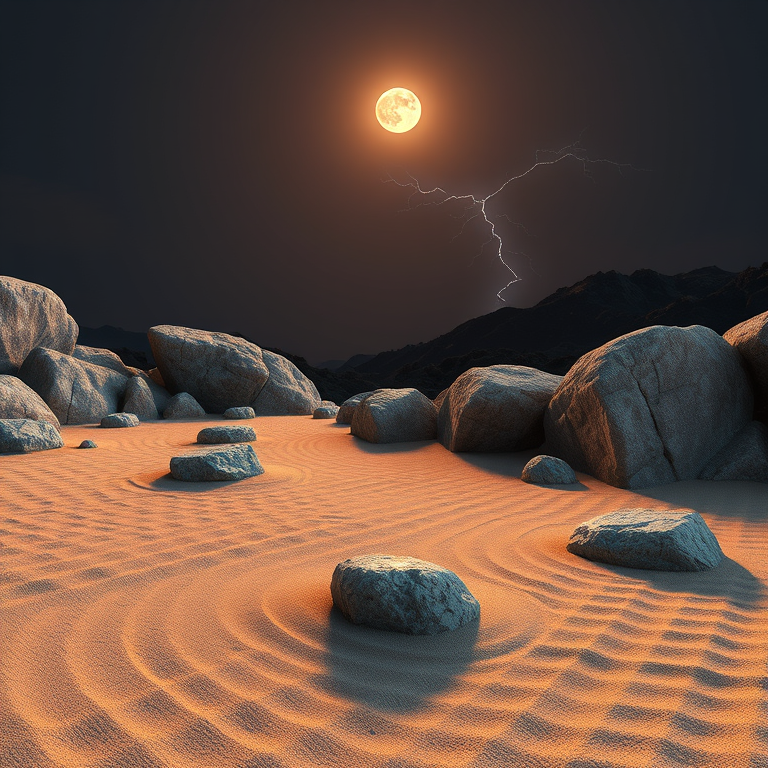 3D render, a zen rock garden with raked sand, under a full moon, with lightning in distance, warm tones, panoramic view, studio quality lighting, masterpiece quality, peaceful and serene