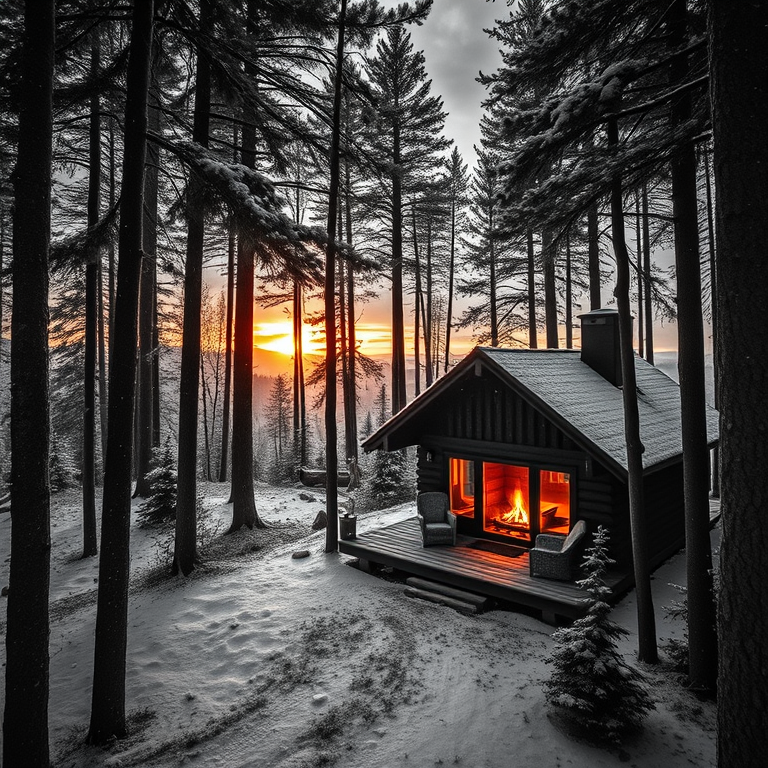 charcoal drawing, a cozy cabin in the woods with fireplace, at sunset, with snow falling, monochrome black and white, aerial drone perspective, dramatic side lighting, professional photography, energetic and vibrant