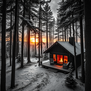 charcoal drawing, a cozy cabin in the woods with fireplace, at sunset, with snow falling, monochrome black and white, aerial drone perspective, dramatic side lighting, professional photography, energetic and vibrant