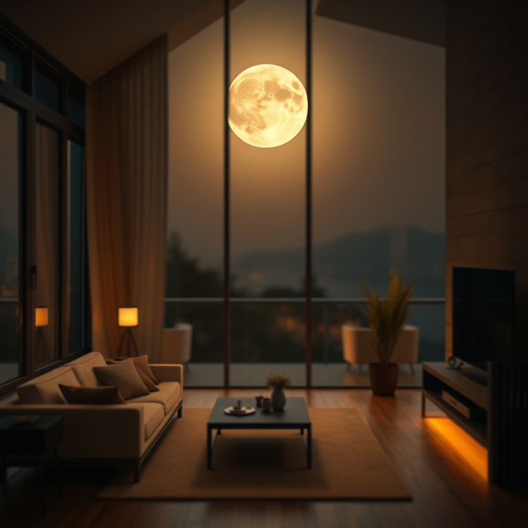 realistic photo, a modern minimalist interior design, under a full moon, with gentle breeze, golden warm palette, tilt-shift miniature effect, natural light, masterpiece quality, dark and moody