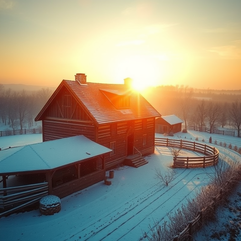 realistic photo, a rustic farmhouse at golden hour, at dawn, with snow falling, cool blue tones, aerial drone perspective, backlit with sun flare, highly detailed, romantic and dreamy