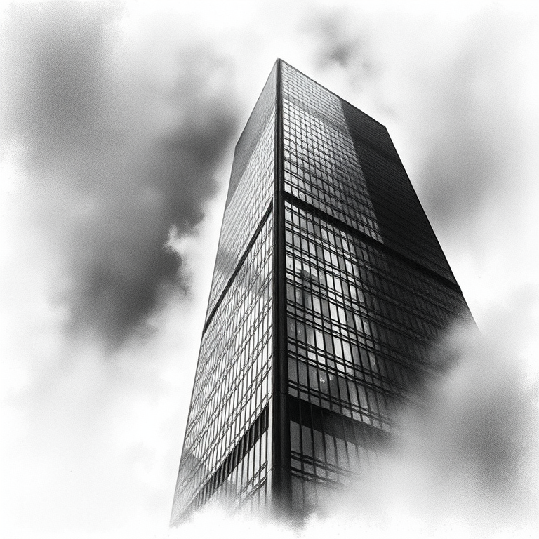 charcoal drawing, a modern glass skyscraper, at midday, with fog rolling in, deep rich jewel tones, wide angle view, dramatic side lighting, award-winning composition, mysterious and ethereal