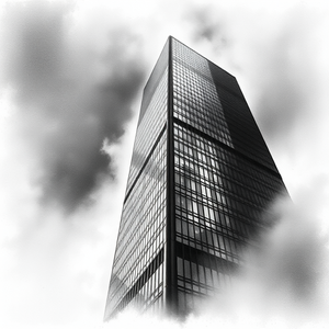 charcoal drawing, a modern glass skyscraper, at midday, with fog rolling in, deep rich jewel tones, wide angle view, dramatic side lighting, award-winning composition, mysterious and ethereal