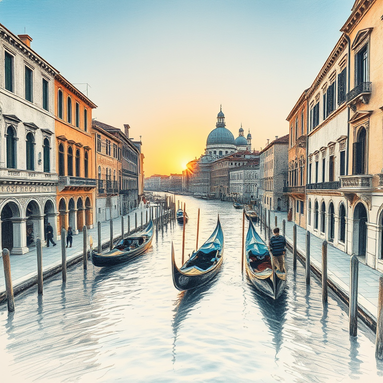 pencil sketch, a Venetian canal with gondolas, at sunset, with clear blue sky, muted earth tones, telephoto compression, dramatic side lighting, highly detailed, peaceful and serene