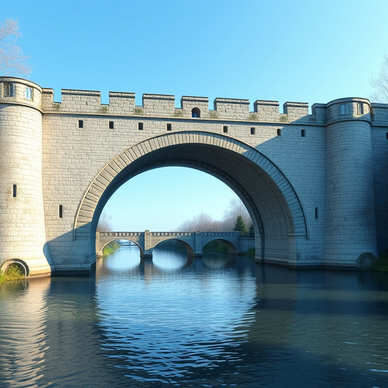 3D render, a medieval stone bridge over a river, at midday, with clear blue sky, cool blue tones, wide angle view, studio quality lighting, 8K UHD, peaceful and serene