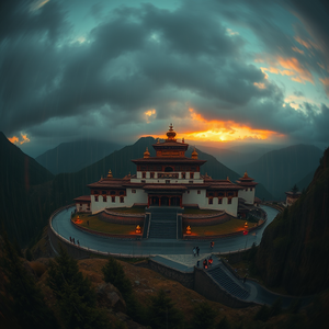 digital art, a Tibetan monastery in mountains, at sunrise, with rain reflections, deep rich jewel tones, fish-eye lens, natural light, professional photography, mysterious and ethereal