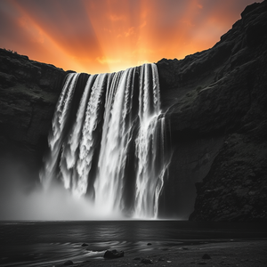 charcoal drawing, a waterfall cascading into a pool, at sunset, with rainbow in background, high contrast, low angle dramatic perspective, studio quality lighting, professional photography, awe-inspiring and grand