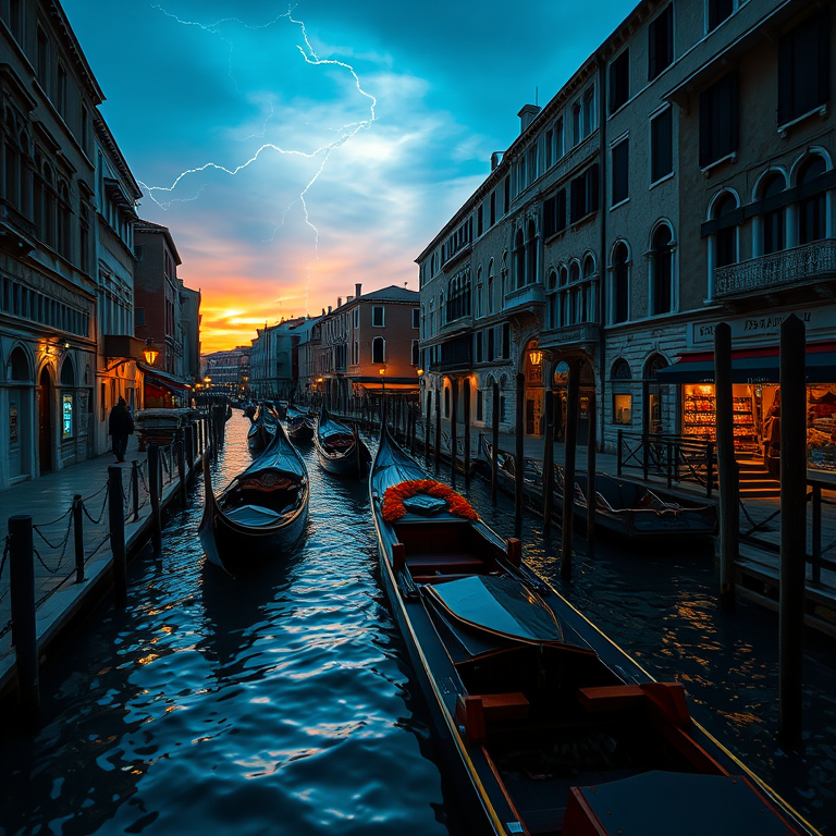 cinematic shot, a Venetian canal with gondolas, at sunrise, with lightning in distance, deep rich jewel tones, telephoto compression, soft diffused lighting, professional photography, energetic and vibrant