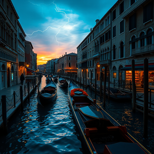 cinematic shot, a Venetian canal with gondolas, at sunrise, with lightning in distance, deep rich jewel tones, telephoto compression, soft diffused lighting, professional photography, energetic and vibrant
