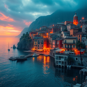 digital art, a Mediterranean coastal town, at sunrise, with rain reflections, vibrant saturated colors, telephoto compression, studio quality lighting, highly detailed, mysterious and ethereal