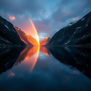 abstract art, a Norwegian fjord with mirror water, at blue hour, with rainbow in background, high contrast, macro extreme close-up, soft diffused lighting, RAW photo, mysterious and ethereal