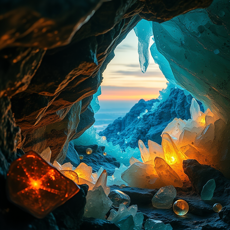 concept art, a crystal cave with glowing minerals, at dawn, with gentle breeze, vibrant saturated colors, close-up detail shot, studio quality lighting, sharp focus, mysterious and ethereal