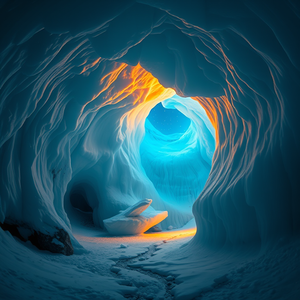 cinematic shot, an ice cave with blue glacial walls, at night under stars, with gentle breeze, golden warm palette, fish-eye lens, neon glow, highly detailed, dramatic and powerful