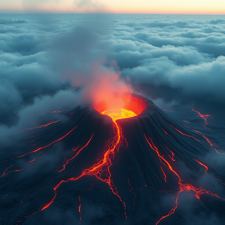 3D render, a volcanic eruption with lava, at sunrise, with misty atmosphere, cool blue tones, panoramic view, soft diffused lighting, photorealistic, energetic and vibrant