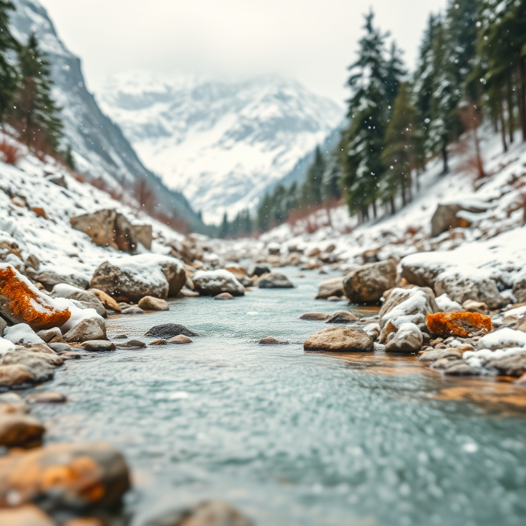 watercolor painting, a crystal clear mountain stream, at midday, with snow falling, muted earth tones, tilt-shift miniature effect, studio quality lighting, professional photography, peaceful and serene