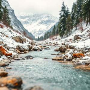 watercolor painting, a crystal clear mountain stream, at midday, with snow falling, muted earth tones, tilt-shift miniature effect, studio quality lighting, professional photography, peaceful and serene