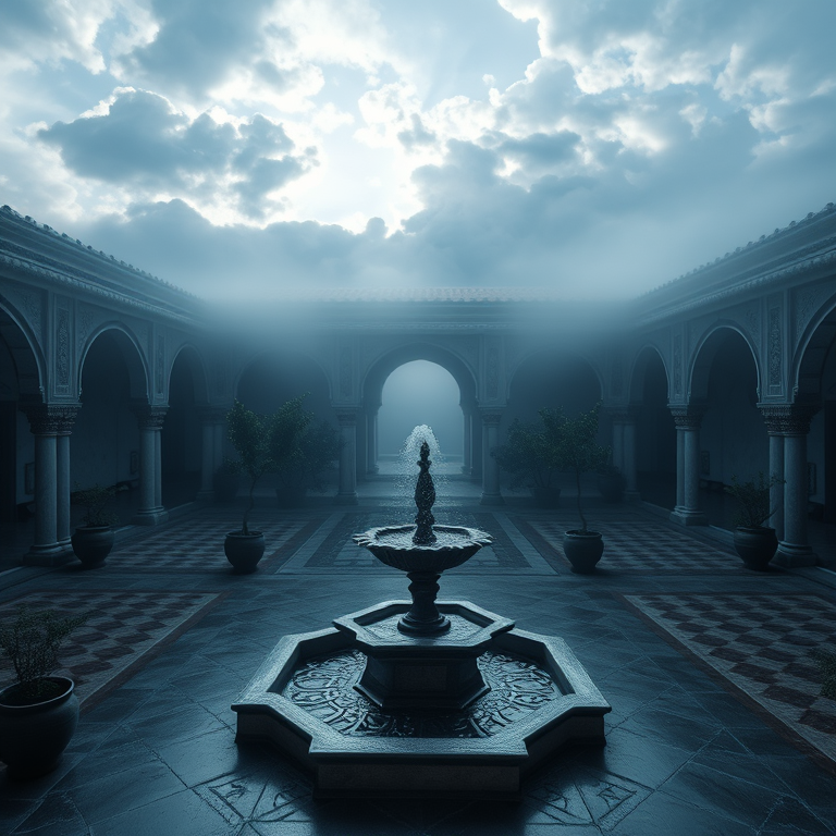 digital art, a Moroccan riad courtyard with fountain, in early morning mist, with dramatic cloud formations, cool blue tones, panoramic view, natural light, ultra high resolution, melancholic and contemplative