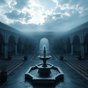 digital art, a Moroccan riad courtyard with fountain, in early morning mist, with dramatic cloud formations, cool blue tones, panoramic view, natural light, ultra high resolution, melancholic and contemplative