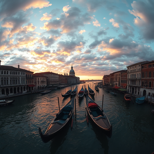 3D render, a Venetian canal with gondolas, during golden hour, with dramatic cloud formations, deep rich jewel tones, fish-eye lens, natural light, professional photography, melancholic and contemplative